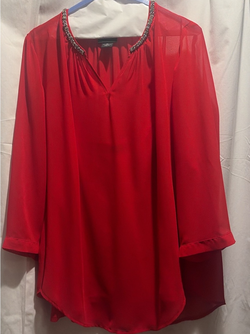 Liz Claiborne Red V-Neck Blouse with Beaded Neckline